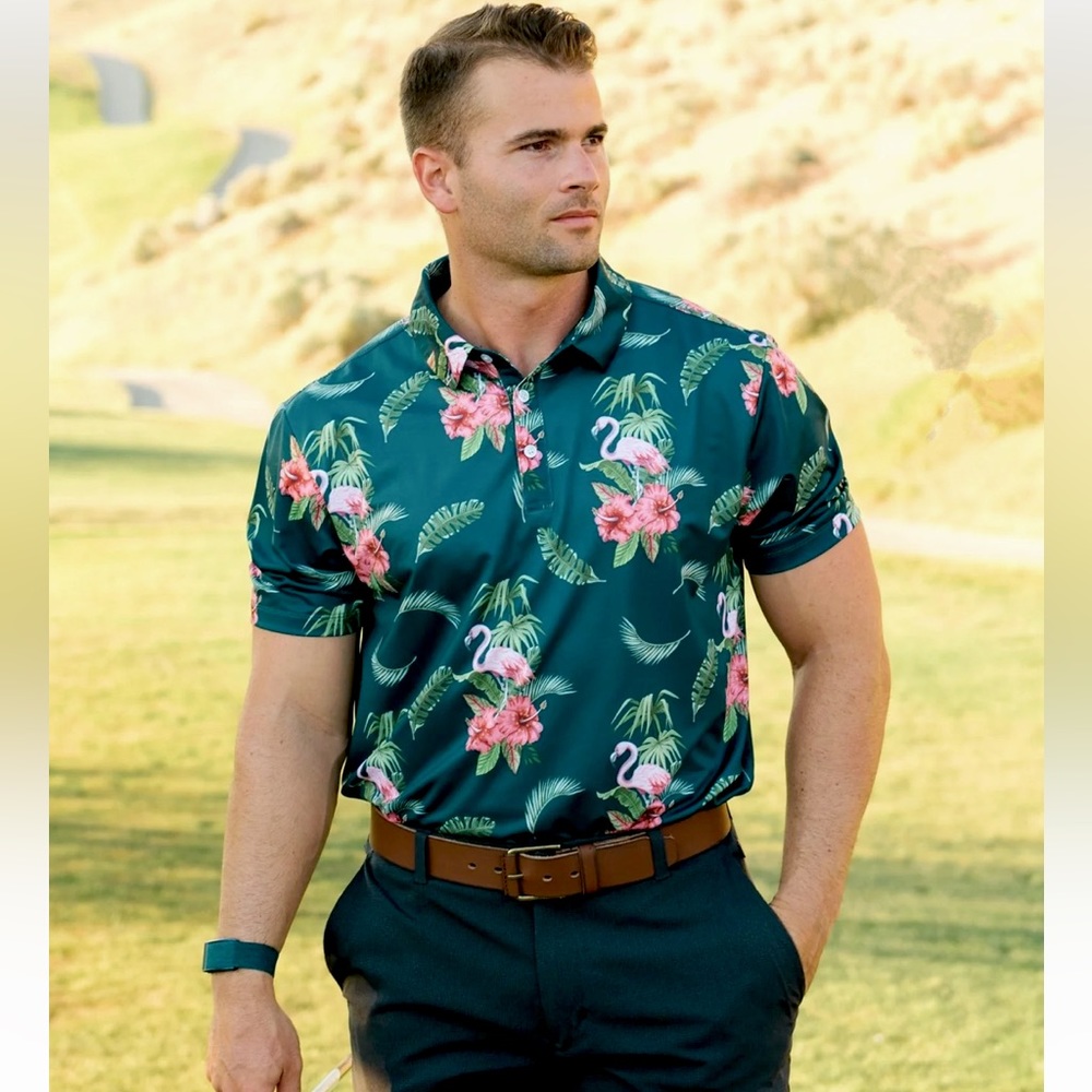 YATTA Golf Nō Ka ʻOi Golf Polo, green tropical flamingo, size small